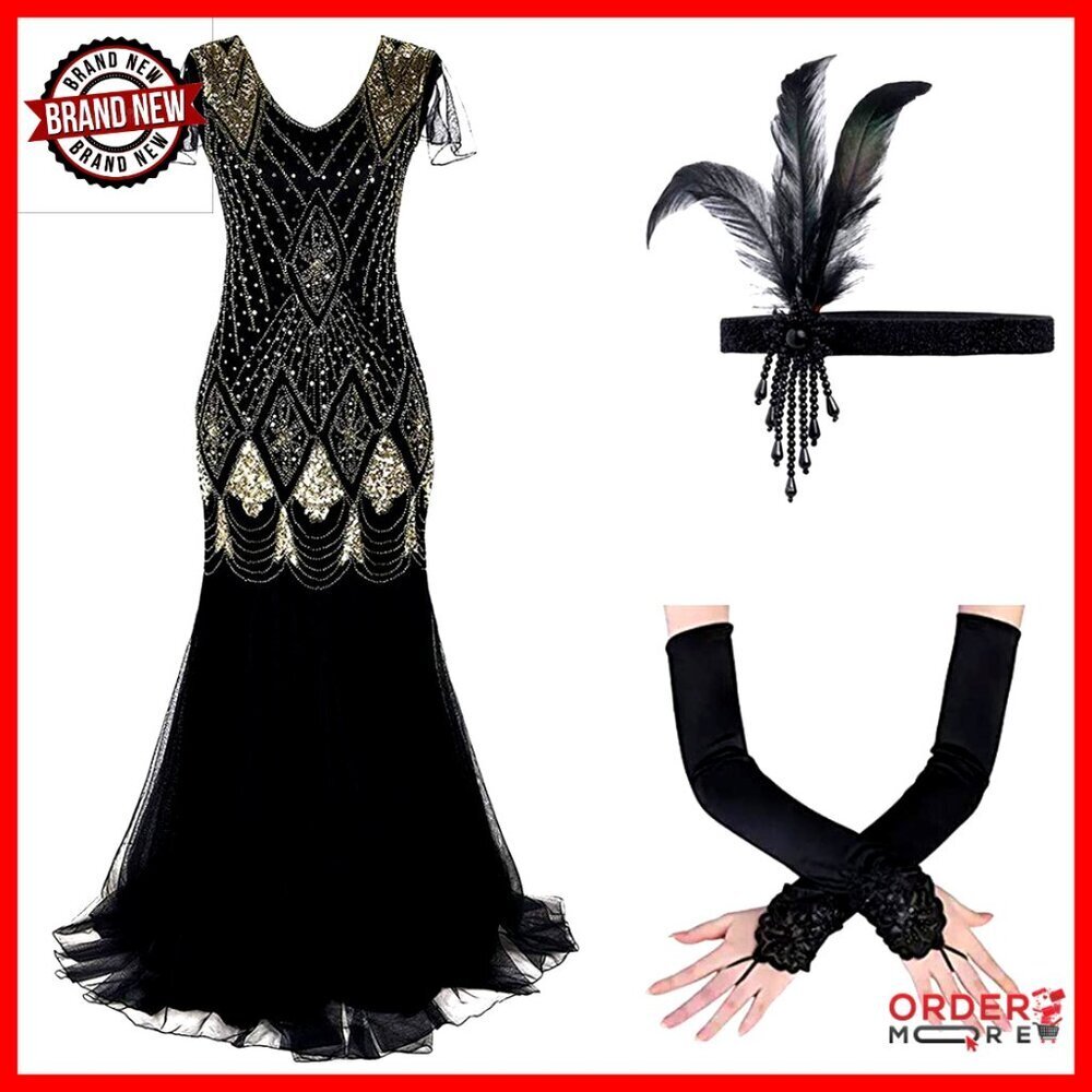 Vintage 1920s Sequin Flapper Dress Maxi Evening Gown Gatsby Party Costume
